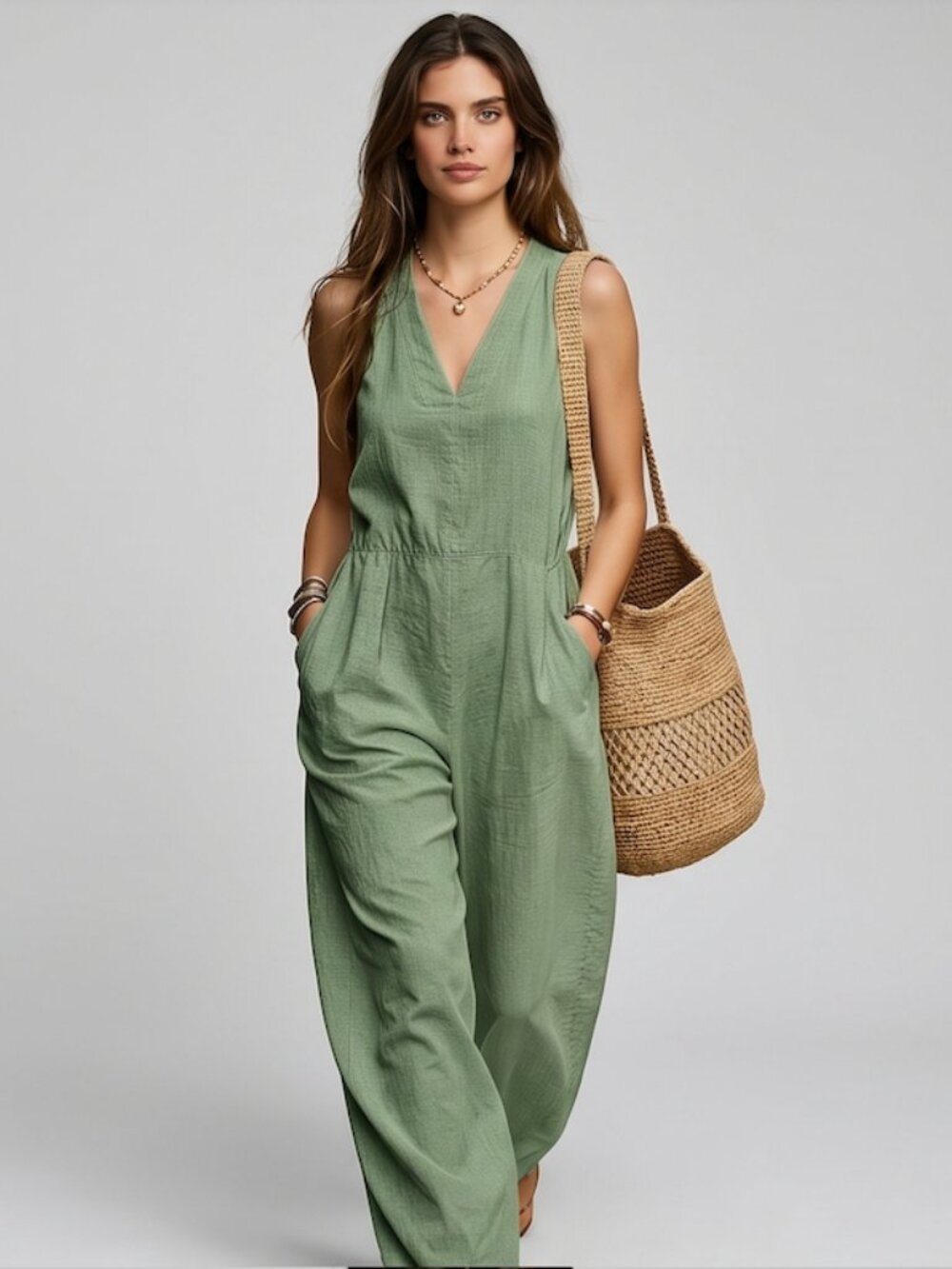 Sage Green V-Neck Sleeveless Wide Leg Jumpsuit